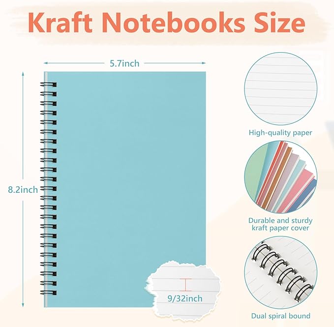 Fuutreo 24 Pcs Spiral Notebook for Work A5 8.3 x 5.7 Inch College Ruled Spiral Journal Notebook Kraft Cover, 12 Color, 60 Sheets, 120 Pages for Office School Supplies(Candy Color)