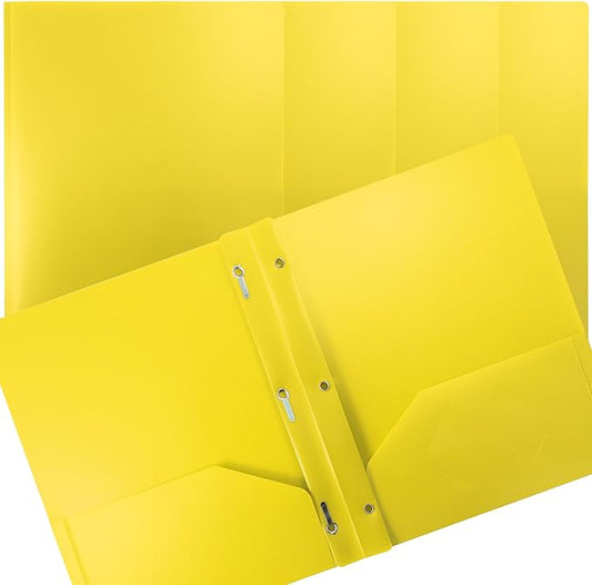 Better Office Products Yellow Plastic 2 Pocket Folders with Prongs, Heavyweight, Letter Size Poly Folders, 24 Pack, with 3 Metal Prongs Fastener Clips, Yellow