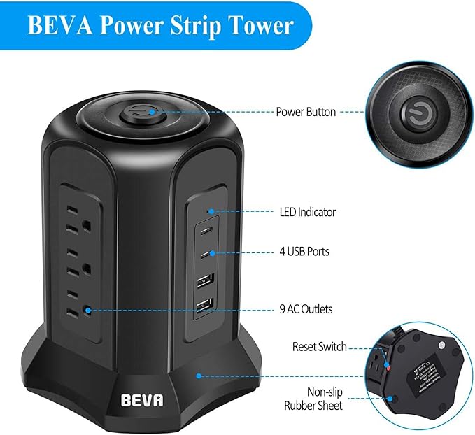 Power Strip Tower Surge Protector BEVA 10ft Flat Plug Desktop Charging Station 9 AC Outlets 4 USB Ports, 900 Joules, Long Extension Cord for Home Office Appliances Smartphones Computer Tablets(Black)