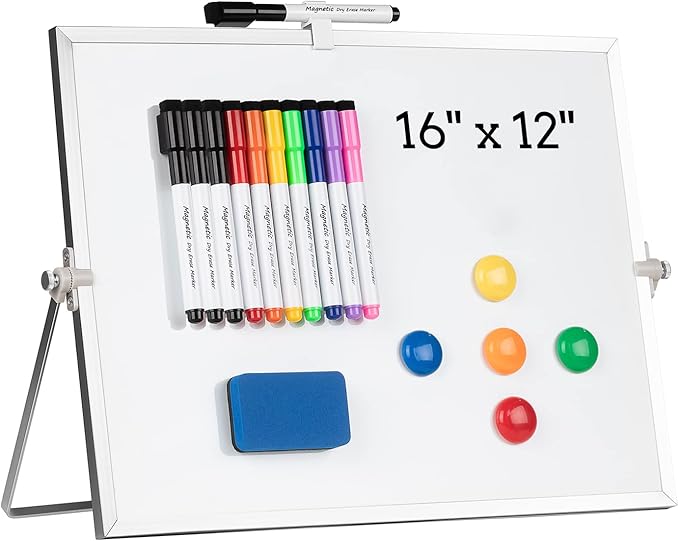 Dry Erase White Board, Cazeyoo Magnetic Desktop Whiteboard 16 x 12inch with Stand, 10 Markers, 4 Magnets and 1 Eraser, Portable Double-Sided White Board for Kids Drawing, Office, Home, School - White