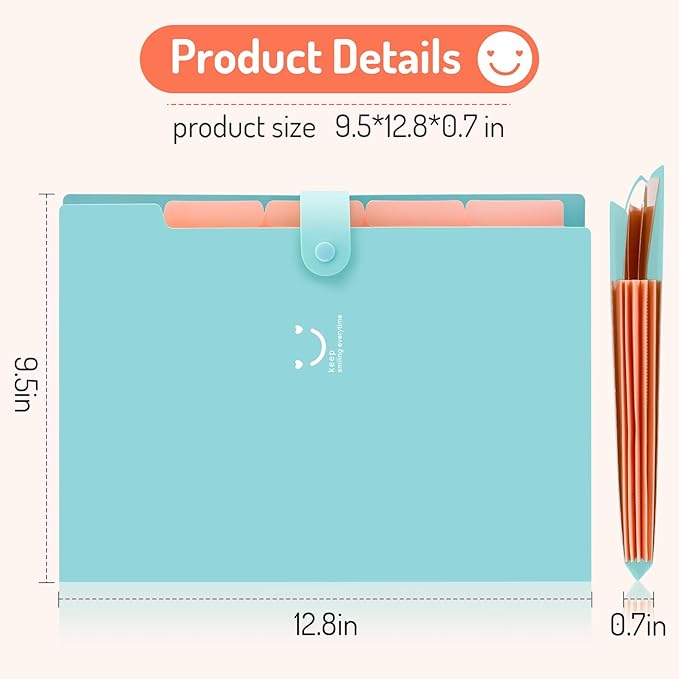 Forvencer Accordion File Organizer, Letter Size, 5 Pocket Expanding File Folder, Cute File Folder with Labels, Portable File Organizer for School Office Supplies, Folders for Documents, Jade