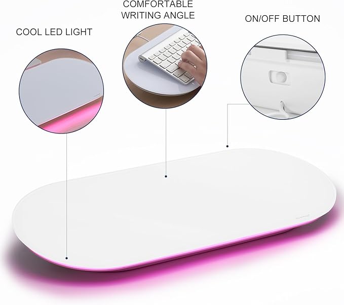TSJ OFFICE Glass Desktop Whiteboard - 17 X 7 Inches Small Dry Erase Board with Pink Light, Glass White Board Surface Notepad with 1 Drawer, Desk Organizers for Office, Home, School Supplies