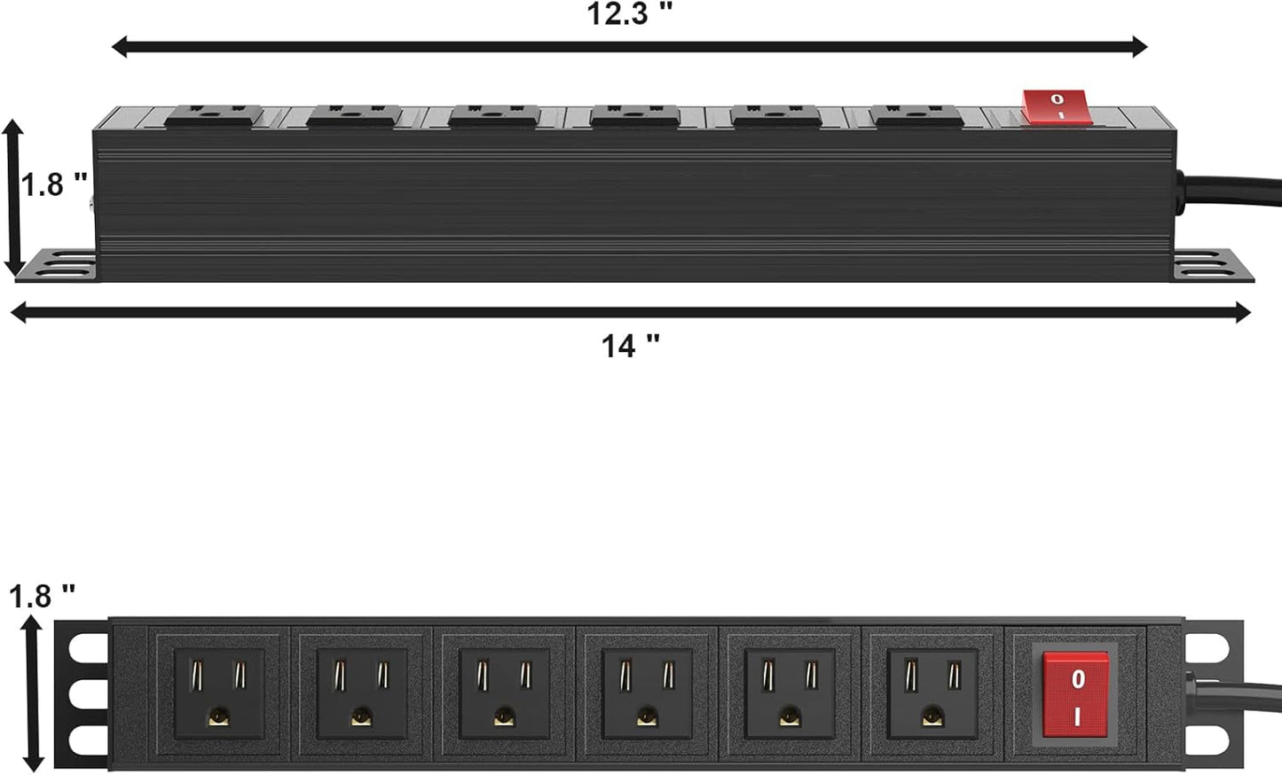 BTU 6 Outlet Power Strip, Metal Mountable Power Strip Surge Protector, Heavy Duty Wall Mount Power Outlet for Commercial, Industrial, Workshop, 6FT Power Cord, 15A/125V 1875W (Black 6FT)