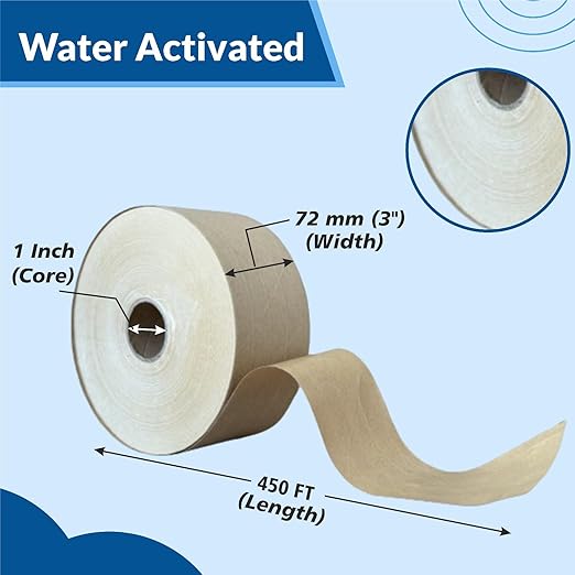 3'' x 450 Feet Reinforced Water Activated Gummed Kraft Paper Tape, for Heavy Duty Secure Packing Shipping, Tamper Evident Gummed Tape, Brown - 10 Rolls