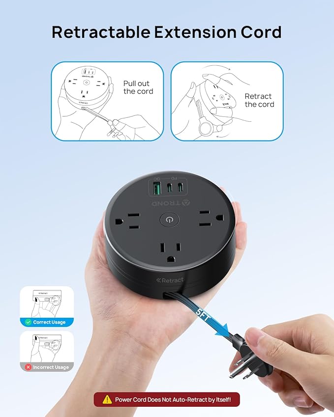 TROND 20W USB C Travel Power Strip - Retractable Extension Cord 5ft Ultra Thin Flat Plug, Power Strip with 3 AC Outlets and USB C Fast Charging, Cruise Ship Essentials, for Home Hotel Dorm Room, Black