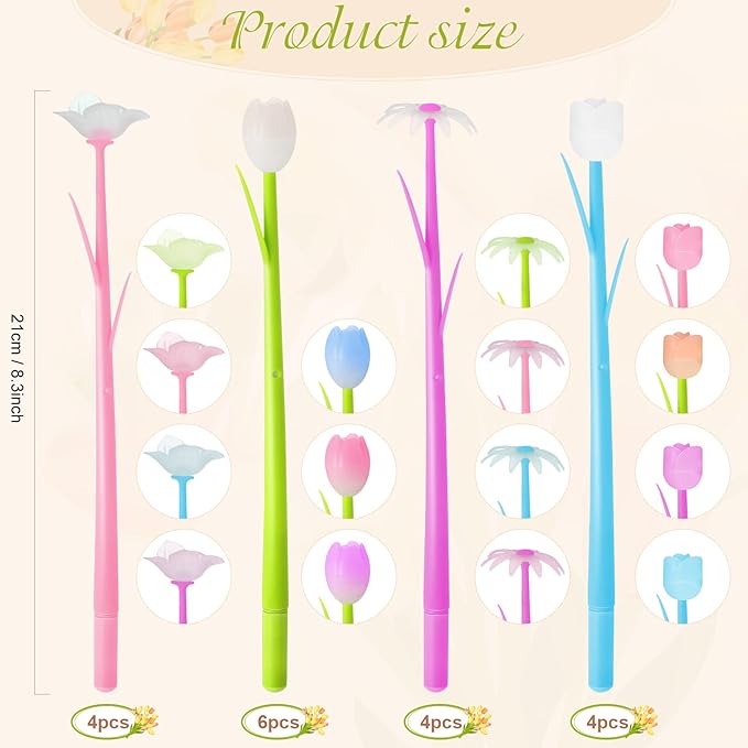 18 Pieces Color Changing Flower Pens Colorful Gel Ink Ballpoint Rose Pens for School Home Office Presents(Daffodil Lampranthus Spectabilis Tulip Rose)