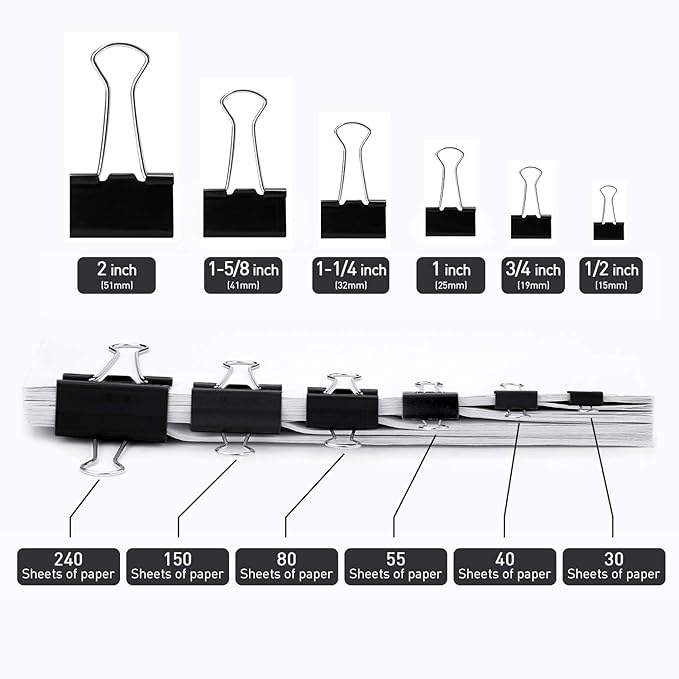 Binder Clips, 48 Pack, 1 Inch, Standard 25mm Clamps, Black, Capacity 0.47 Inch, Small Clips, Small Binder Paper Clips, Small Size, Small Paper Clips, Office Clips