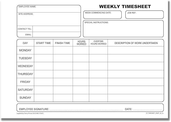 Cherry | NCR | Weekly Timesheet | Duplicate Book | SL (Small and Light) | A5 | 40 sets