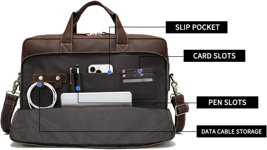 Full Grain 17.3" Leather Briefcase Messenger Laptop Bag For Men