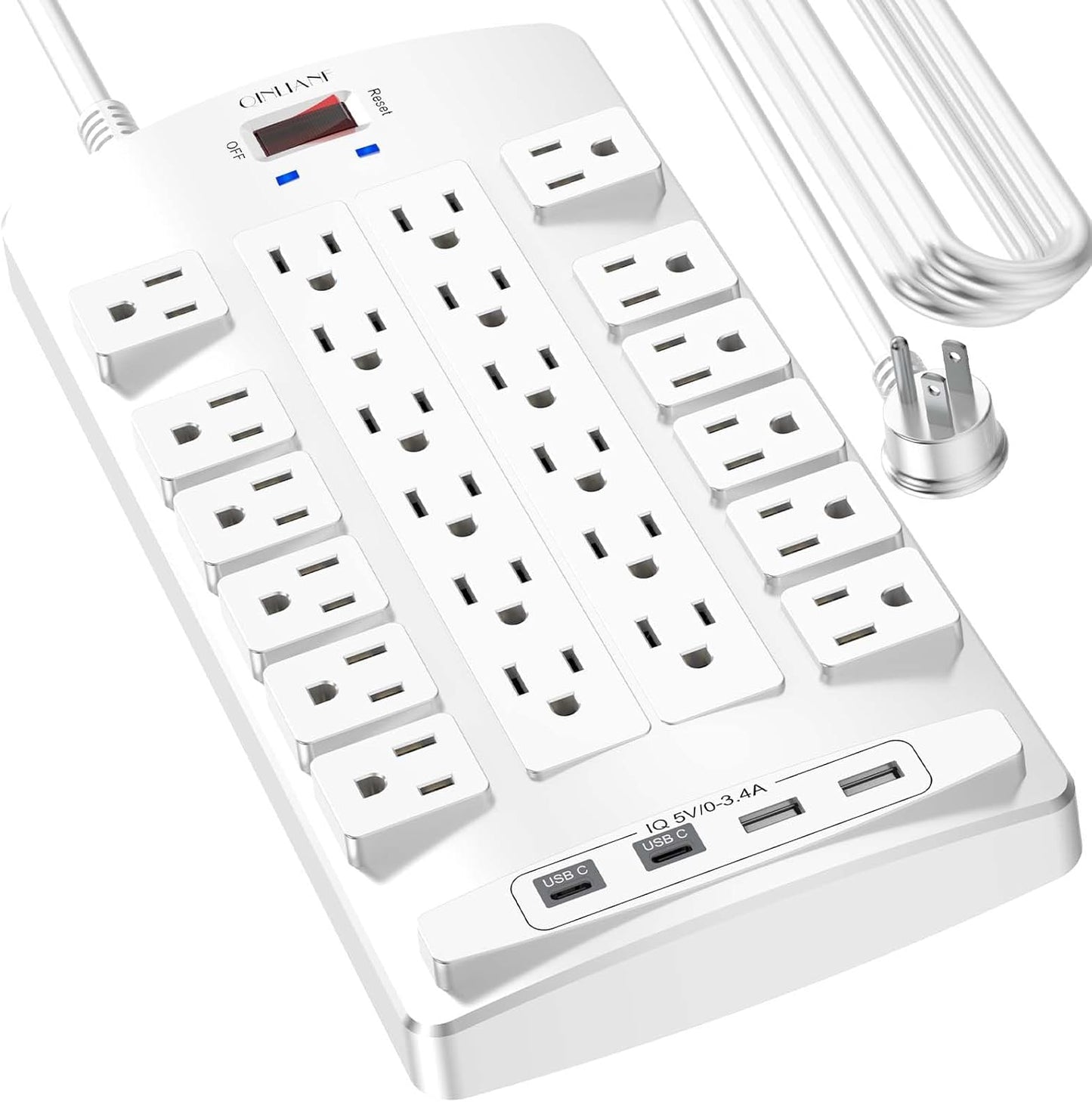 QINLIANF Surge Protector Power Strip - 20Ft Flat Plug Heavy Duty Extension Cord with 24 Outlets and 4 USB Ports(2 USB-C Ports), 1875W/15A, 4100J, for Home, Office, Dorm, ETL Listed, White