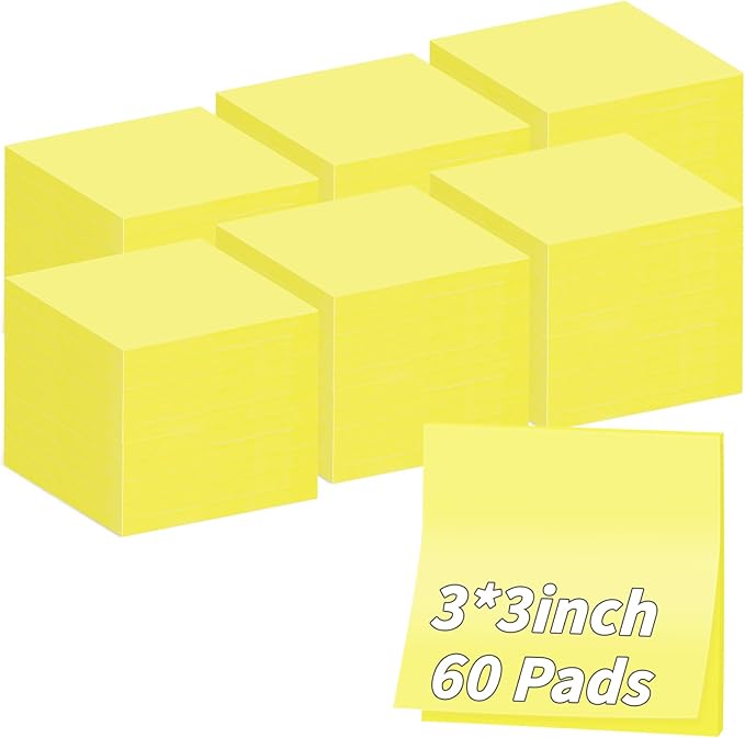 60 Pack Sticky Notes Bulk 3x3,Canary Yellow Sticky Pads Blank Notes Self-Stick Notes, Easy to Post for Teacher Student School Office Meeting Blank Desk Pads,75 Sheets/Pad,Total 4500 Sheets