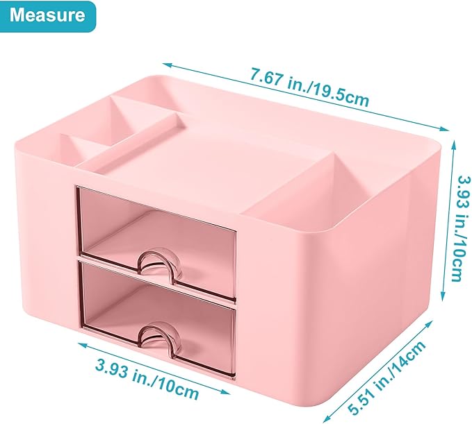 Pen Holder with Drawer, Office Desk Pen Organizer Multi-Functional Pencil Cup Makeup Brush Holder Cup Storage Office Business Card Pen Pencil Mobile Phone Stationery Holder Storage Box Pink