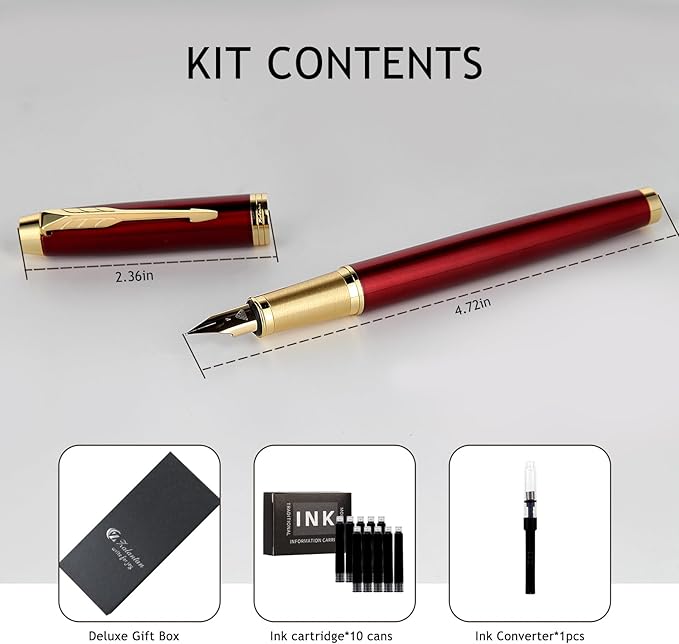 Fountain Pen, luxury pens, Fine point smooth writing pens for journaling fancy pens with Gift Case 10 black ink cartridges an ink converte nice pens writer gifts-Matte Red
