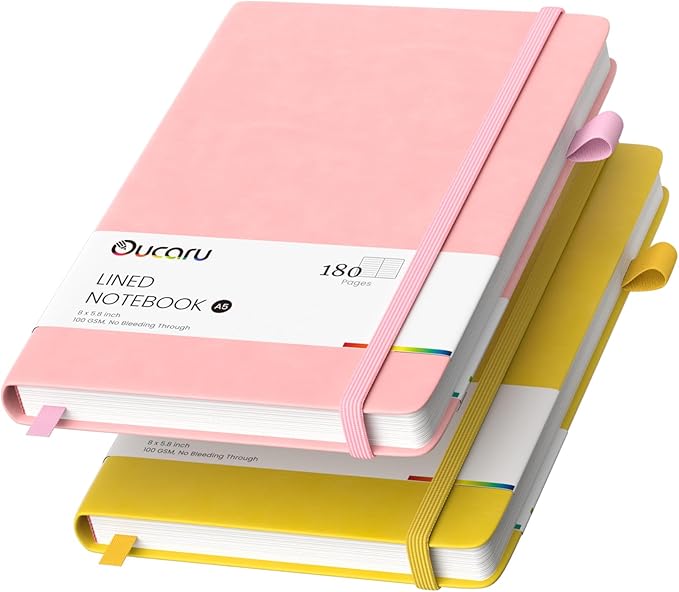 Lined Journal Notebook, 2 Pack, 180 Pages, A5 Journals for Writing, 100 GSM Thick Paper, Small Notebooks Daily Journal for Women Men Work, Business, School, Travel Supplies