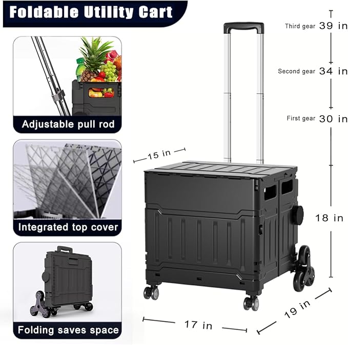 Foldable Utility Cart with Stair Climbing Wheels,Folding Portable Rolling Crate Handcart with Aluminium Alloy Telescoping Handles, Handcart for Grocery Book File Tool Art Supplies