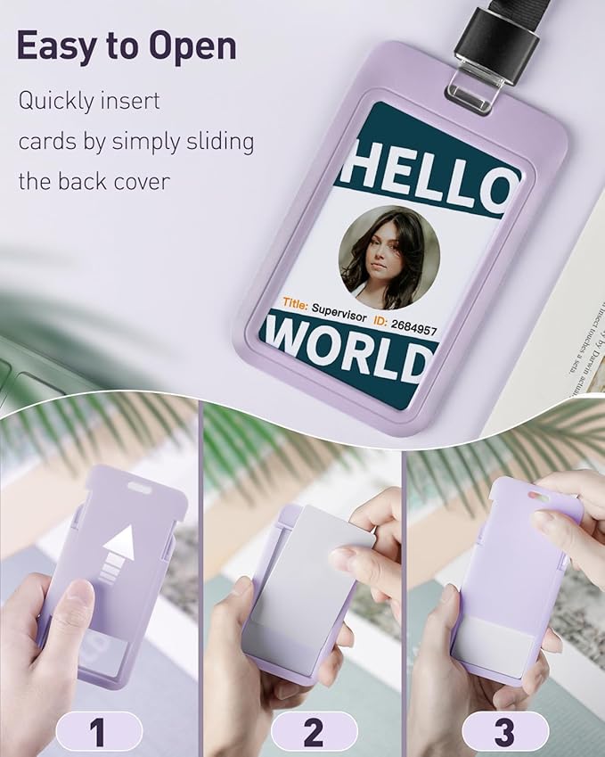 Uniclife 3 Pack Sliding ID Badge Holder Vertical Hard Plastic Case with Clear Window Light-Purple Card Protector for Office School ID Credit Cards Proximity Key Cards Driver’s Licenses and Passes