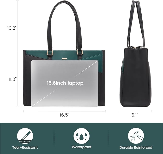 LOVEVOOK Laptop Bag for Women 15.6 Inch Tote Bags Waterproof Leather Briefcase Computer Women Business Office Work Bag,Black/Green
