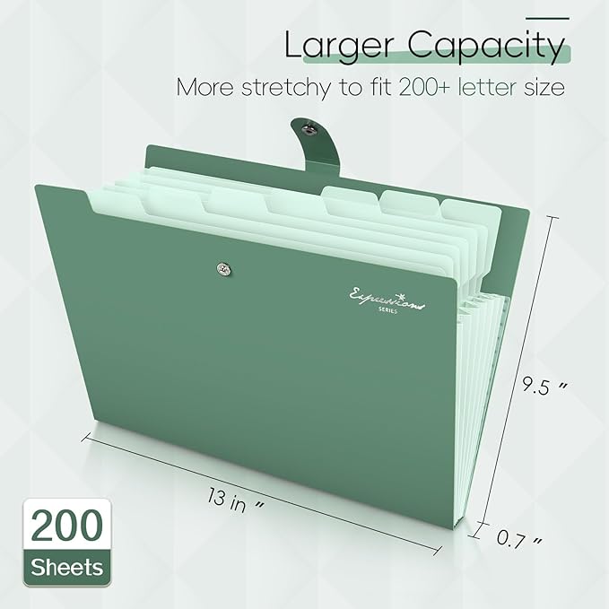 Sooez Elegant Accordion File Organizer with Labels, 8 Pocket Expanding File Folder, Portable Folders for Documents, Cute Paper Organizer for School Office Supplies, Letter Size, Dark Green