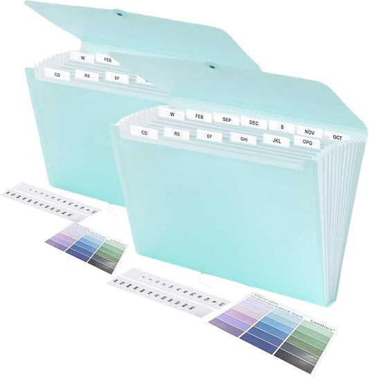 2 PCS Expanding File Folder A4,13 Pockets File Organiser with Colored Tags, Paperwork A4 Plastic Wallet Document Storage Expander for School,Office and Home, Light Green