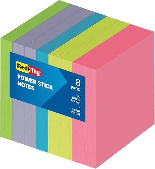 Redi-Tag Sticky Notes, Power Stick Notes, Adhesive Reminders, 3" x 3" Reusable Notes, Strong Adhesive Memos, Assorted Bright Colors, 8 Pack (1000975)