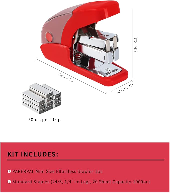 PAPERPAL Effortless Mini Stapler Set, 20 Sheet Capacity, Integrated Remover & Staple Storage, Holds 1/4" Staples, Includes 1000 Staples, Lightweight, Office, School & Daily Use, Red