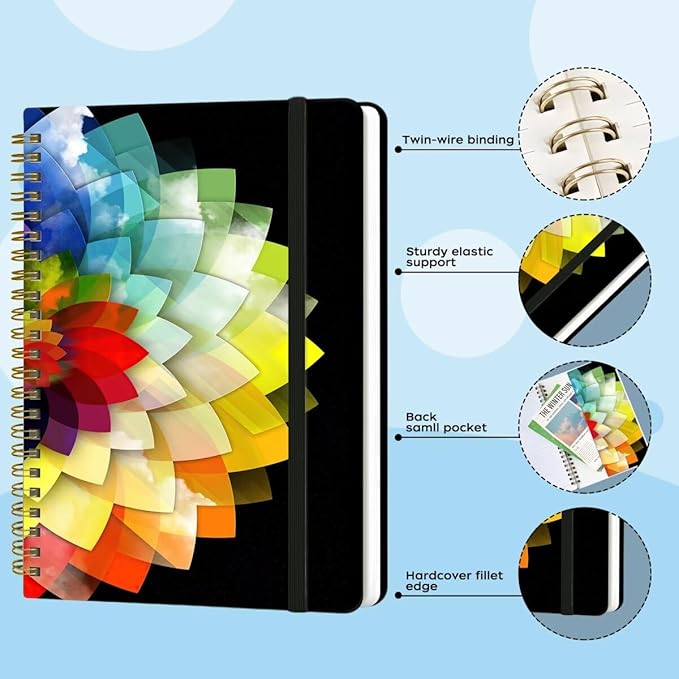 Spiral Notebook - A5 Spiral Notebooks, 8.3'' × 5.8'', 160 Pages, Aesthetic Journaling Notebooks for Women, College Lined Notebook with Elastic Closure, Back Pocket, for School Office, Half Flower