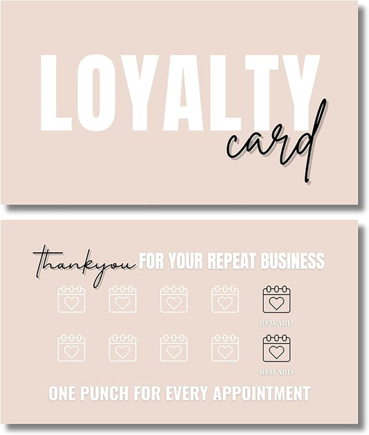 Beauty Business Loyalty Card, 10-Punch Reward System, Business Card size, 55 cards, full color high gloss front and back, UV coated, Modern design, create your own reward (Tan)