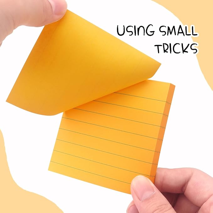 Lined Sticky Notes 3x3 Sticky Notes with Lines Self-Stick Notes Bright Color 4 Pads 90 Sheets/Pad (Orange)