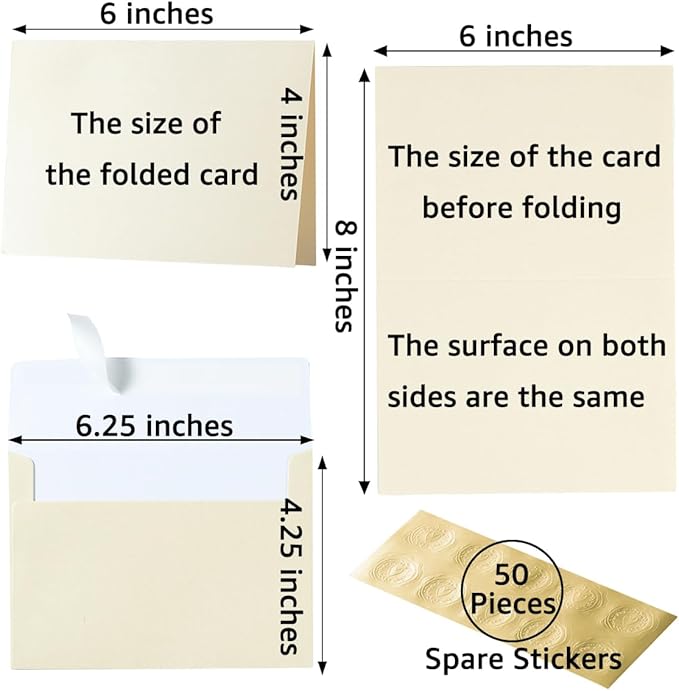 Wishop 50 Pack Shiny Self-Adhesive Envelopes with Shiny Fold Cards for Wedding Invitations, Greeting Cards, Baby Shower, Letter Mailing (Cream Color, 4x6)