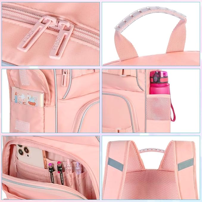 3PCS Laptop Backpack for Girls, 17" Water Resistant School Bag with Lunch Box, Cute Pink Bookbag Set for Women College Teenagers High Middle Elementary School