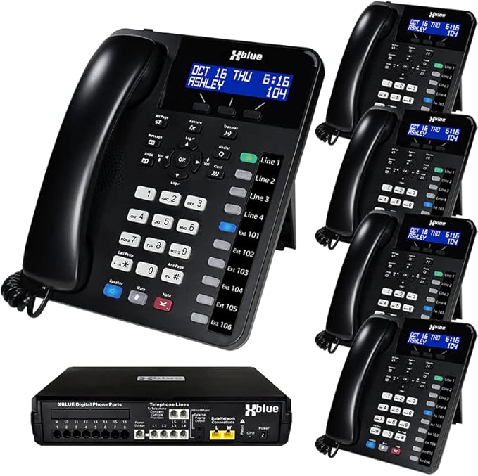 XBLUE X16 Plus Small Business Phone System Bundle with (5) XD10 Digital Phones - Capacity is (6) Outside Line & (16) Digital Phones - Includes Auto Attendant, Voicemail, Caller ID, Paging & Intercom