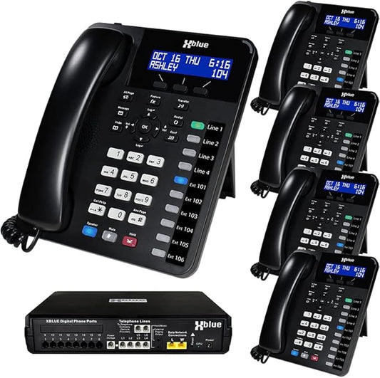 XBLUE X16 Plus Small Business Phone System Bundle with (5) XD10 Digital Phones - Capacity is (6) Outside Line & (16) Digital Phones - Includes Auto Attendant, Voicemail, Caller ID, Paging & Intercom