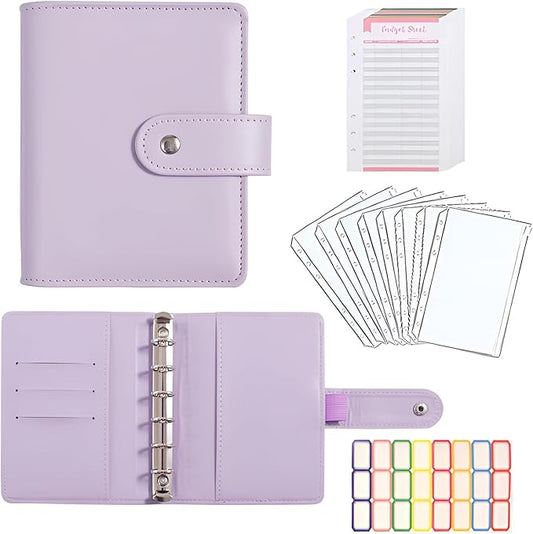 A7 Budget Binder Set - Mini Money Organizer for Cash Saving, Cash Stuffing Envelope System, Planner Binders with Pockets, Sheets and Stickers, Purple