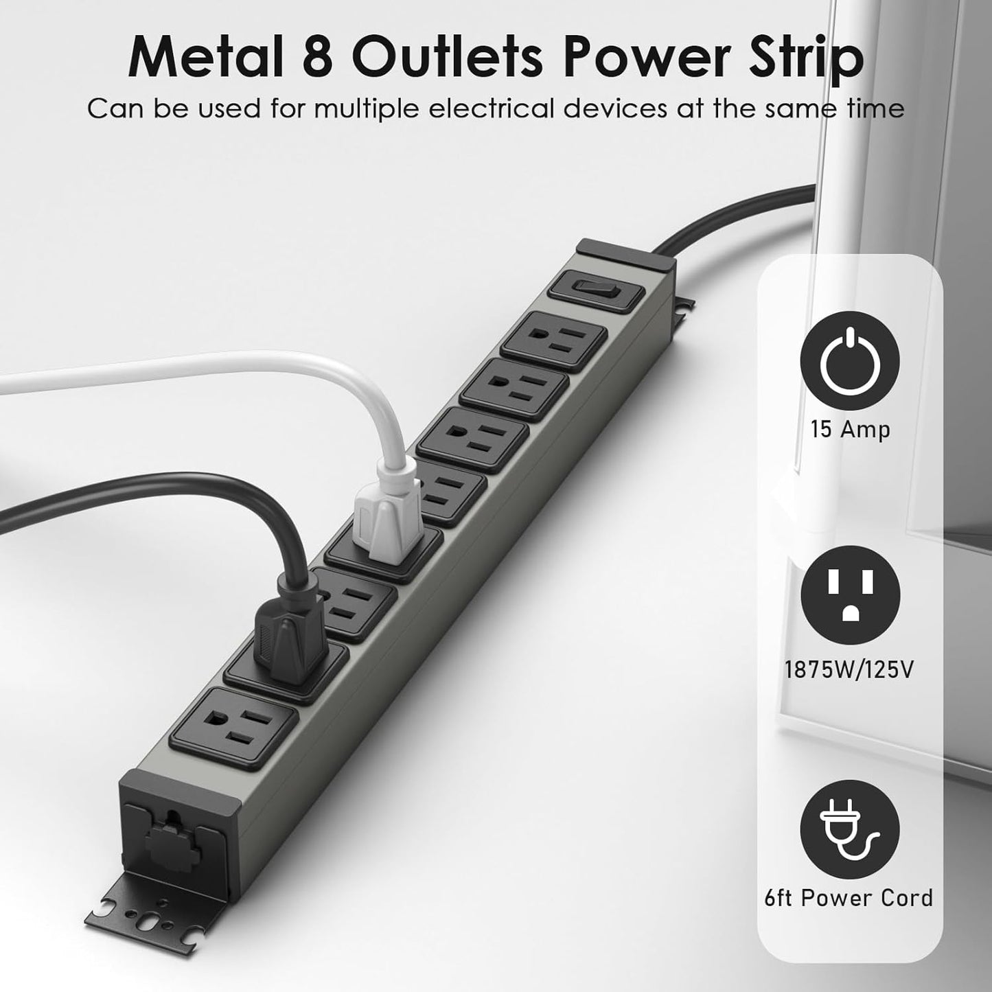JUNNUJ Heavy Duty Power Strip 8 Outlet Wall Mount, Metal 20 Amp Surge Protector 1200J, Garage Industrial Outlets 6-20R T-Slot, 6FT 12AWG Extension Cord.