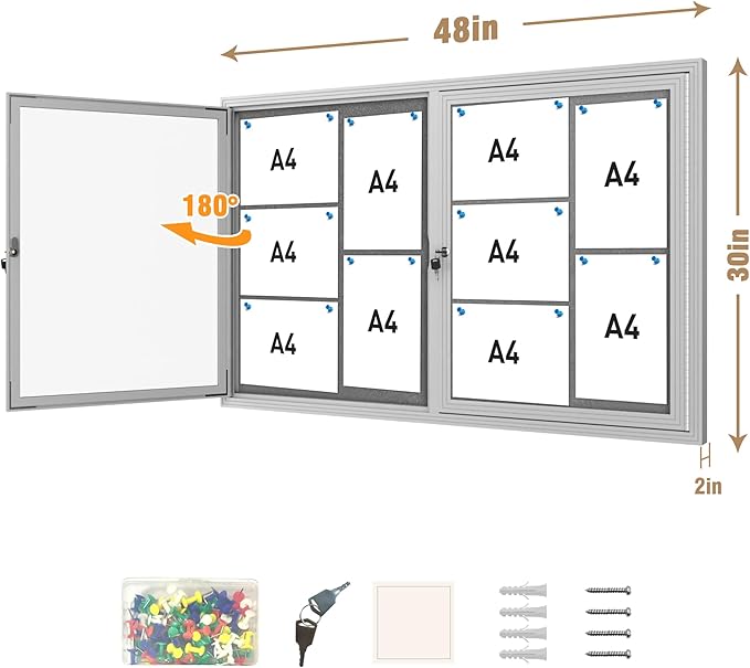48"x30" Enclosed Bulletin Board, Outdoor Lockable Weather-Resistant Aluminum Cork Noticeboard for School & Office, Silver Frame w/Grey Flet