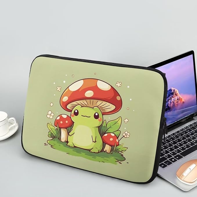 Mushroom Frog Laptop Sleeve for Women 15 inch Laptop Protector with Multiple Uses Computer Carrying Case Portable Tablet Bag Lap Top Case Cute Laptop Protector Green