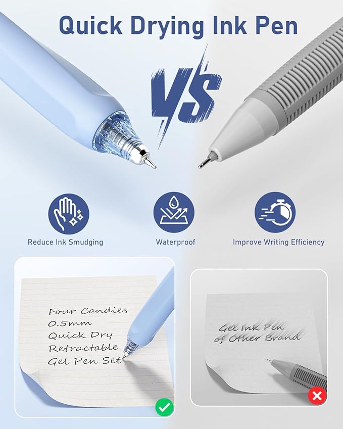 Four Candies 14Pack Pastel Gel Ink Pen Set,Cute Retractable 0.5mm Fine Point Pen,Note Taking Aesthetic Pens,12 Pack Black Ink Pens with 2Pack Highlighter, Smooth Writing Pens for School, Office (Blue)