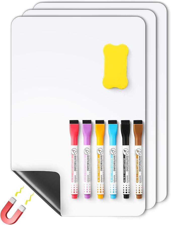 3 Pack Magnetic Dry Erase Board Sheet for Fridge, 12"x8" Erasable Refrigerator WhiteBoard w/ 6 Markers & 1 Eraser- Smooth and Flexible Small Magnet Blank Notepad for Home Kitchen Organizer and Planner