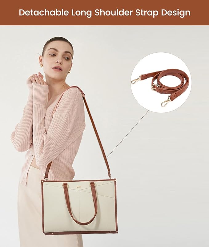 LOVEVOOK Laptop Bag for Women, 15.6 inch Laptop Tote Work Bag Cancas Casual Handbag for Travel Lightweight Shoulder Bag,Brown Beige