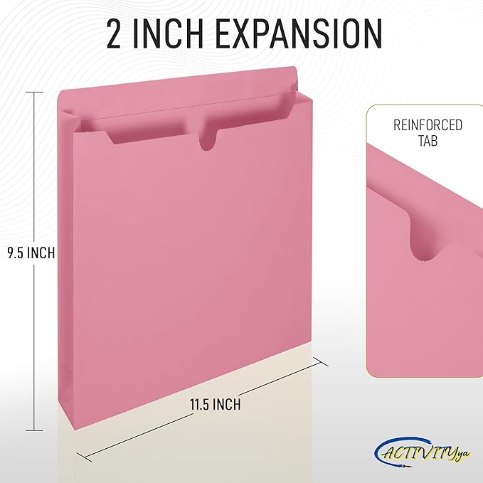 Pink File Jackets, 2 Inch Expansion, Letter Size, Reinforced Straight-Cut Tab, 6 Pack