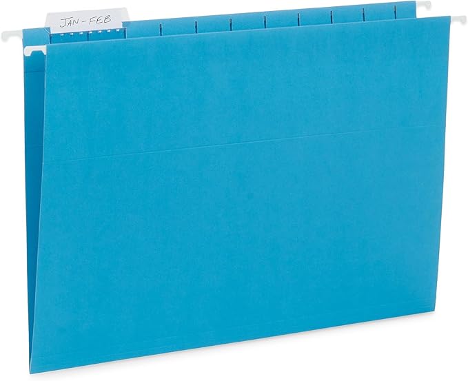 25 Blue Summit Supplies Assorted Colored Hanging File Folders Letter Size with Plastic Tabs, 12pt Paper Construction, Durable for Office Filing