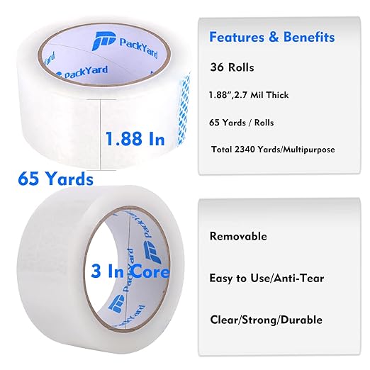 Packing Tape Refill Rolls Heavy Duty 36 Rolls Sealing Great for Packing Box Shipping and Moving Supplies Packaging 1.88" x 65 Yards 3" Core 2.7 Mil Thick