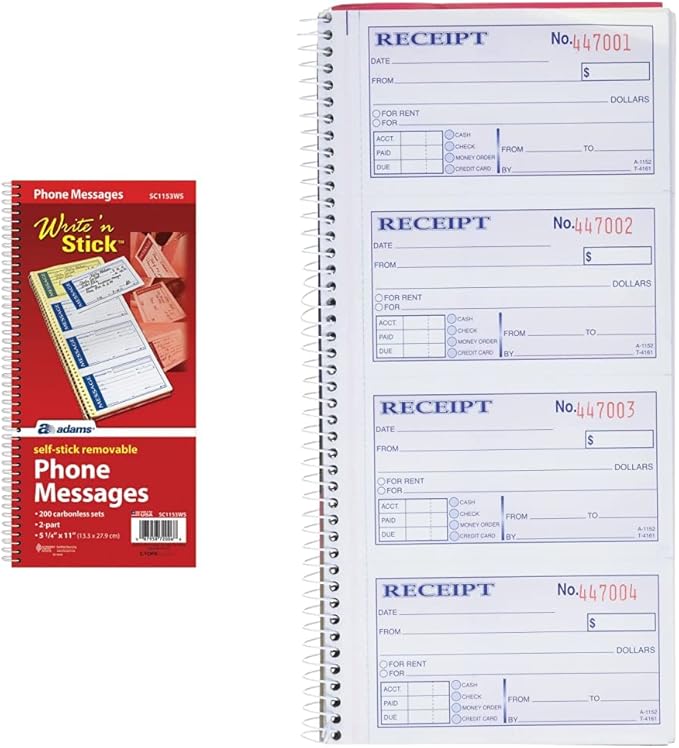 Adams Write 'N Stick Message Pad, 2-Part, Carbonless, Blue, 5-1/4" x 11", 200 Sets per Book (SC1153WS) &Mo ney and Rent Receipt Book, 2-Part Carbonless, 5-1/4" x 11", Spiral Bound