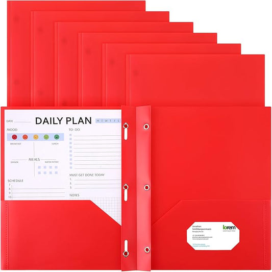 Cholemy 6 Pcs Plastic Pocket Folders with Prong 2 Heavy Duty Pockets Folders with 3 Prongs Letter Size Paper Folders Bulk File Plastic Folders with Fasteners for Office Workers (Red)
