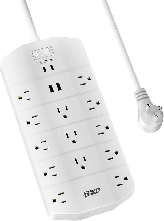 Power Strip,SUPERDANNY 5000 Joules Surge Protector with 13 AC Outlets 2 USB-A & 2 USB-C PD 20W Fast Charging Heavy Duty 14AWG/3C Industrial Grade 10ft Extension Cord for Workbench Home Office White