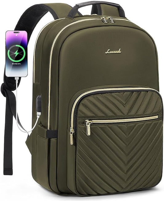 LOVEVOOK Laptop Backpack for Women 17.3 inch,Cute Womens Travel Backpack Purse,Professional Laptop Computer Bag,Waterproof Work Business College Teacher Bags Carry on Backpack with USB Port,Army green