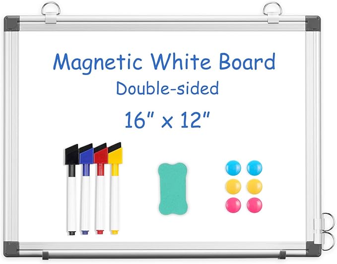 WALGLASS Double-Sided White Board, 16" x 12" Small Dry Erase Board Magnetic Whiteboard for Wall, Hanging Mounted Whiteboard Silver Aluminium Frame for Home, School, Office, Kitchen
