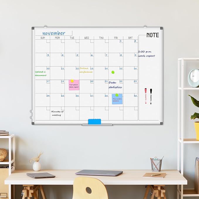 WALGLASS Dry Erase Calendar Whiteboard, 48" x 36" Monthly Large Dry Erase Calendar for Wall, Double-Sided Hanging Calendar White Board with Silver Aluminum Frame for Home, School, Office, Kitchen