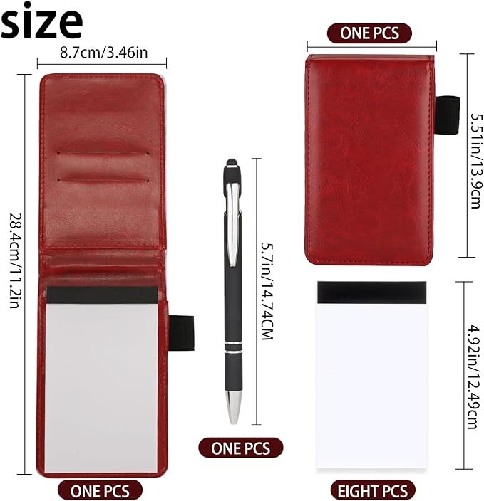 Camelmother 10Pocket Notebook Small Notepad Holder Set 3 x 5 Inch with Pen Small notebooks note pads Leather Notepad (red plain)