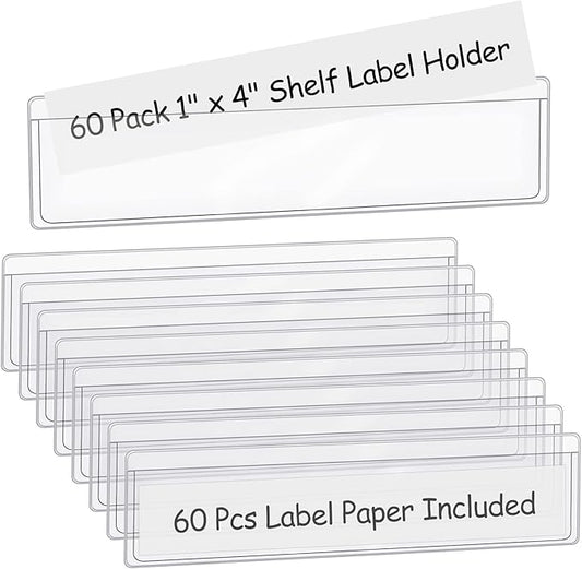 60 Pack 1.2" x 4.3" Self Adhesive Label Holders with 60Pcs Paper Label Inserts, Shelf Tag Label Holder Clear Pockets for Bookshelf Mailbox Shelves Storage Bins